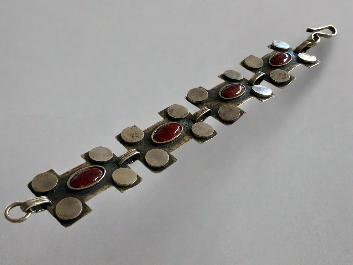 Mid Century Modern Silver Metal & Enamel Panel Link Bracelet 19cm