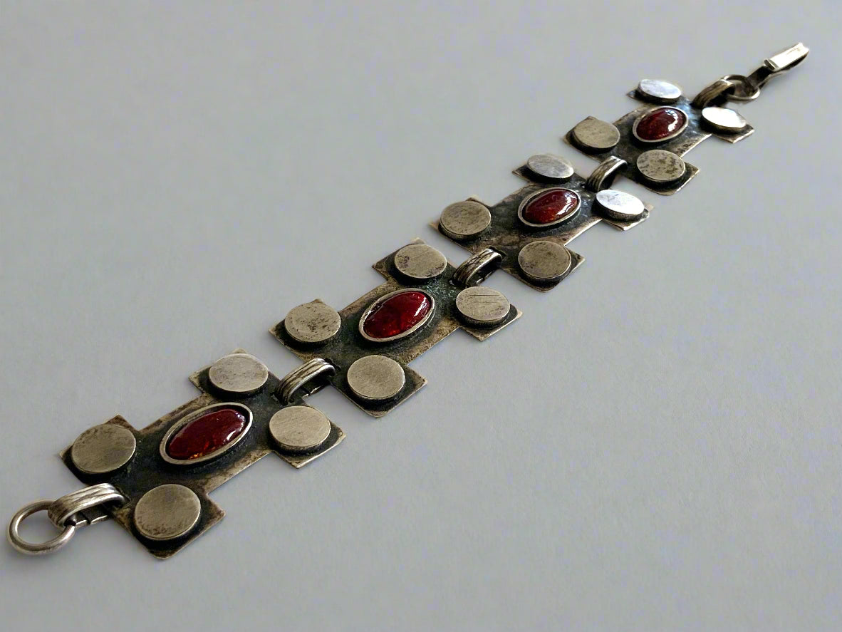Mid Century Modern Silver Metal & Enamel Panel Link Bracelet 19cm