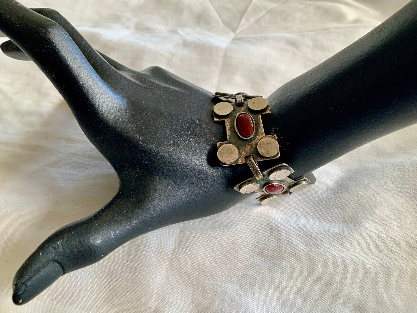 Mid Century Modern Silver Metal & Enamel Panel Link Bracelet 19cm