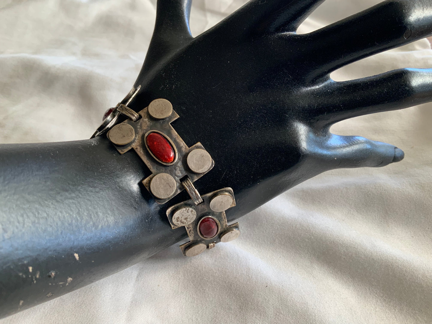 Mid Century Modern Silver Metal & Enamel Panel Link Bracelet 19cm