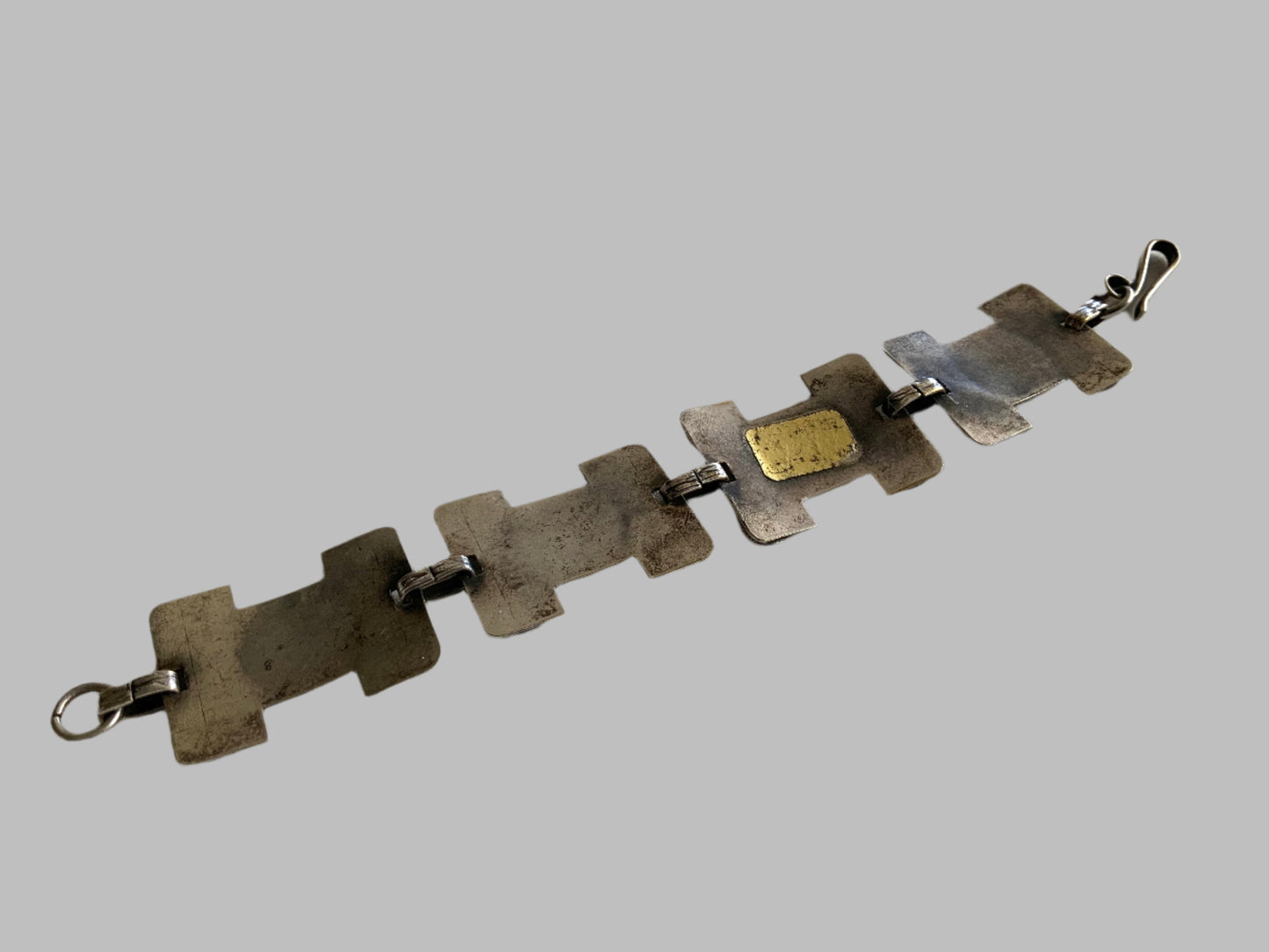Mid Century Modern Silver Metal & Enamel Panel Link Bracelet 19cm