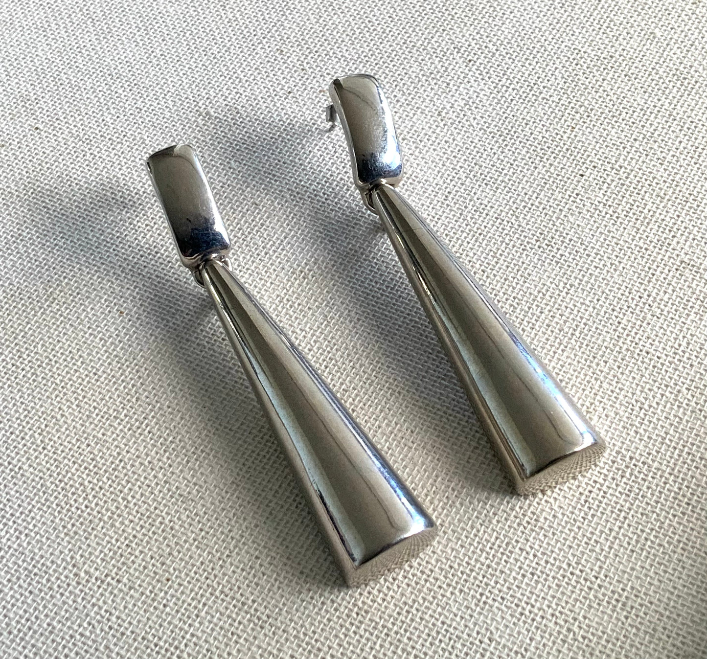Silver Chrome Modernist Drop Dangle Earrings 7.5cm