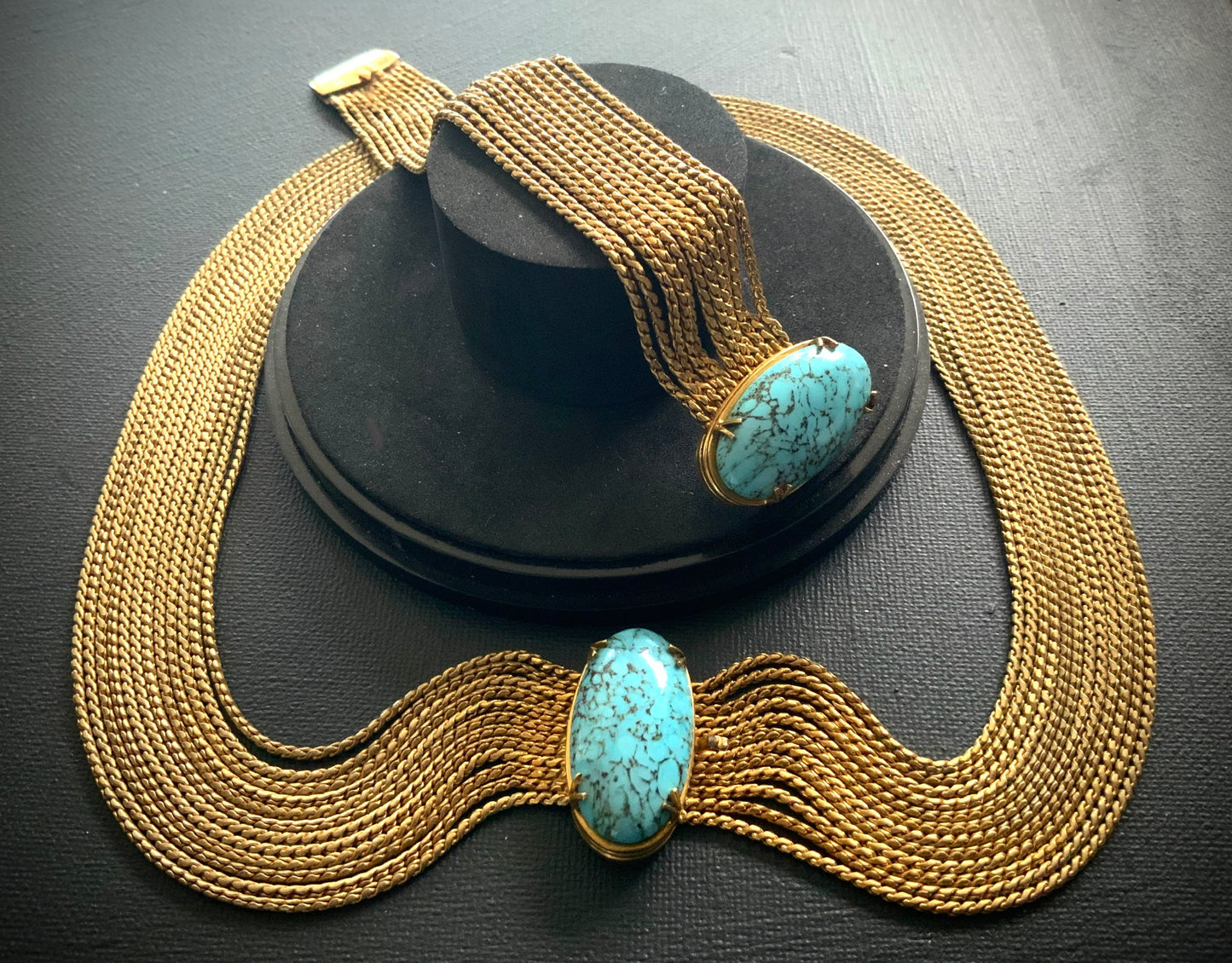 Fabulous Turquoise & Gold Chain Festoon Necklace & Bracelet Demi Parure Mid Century