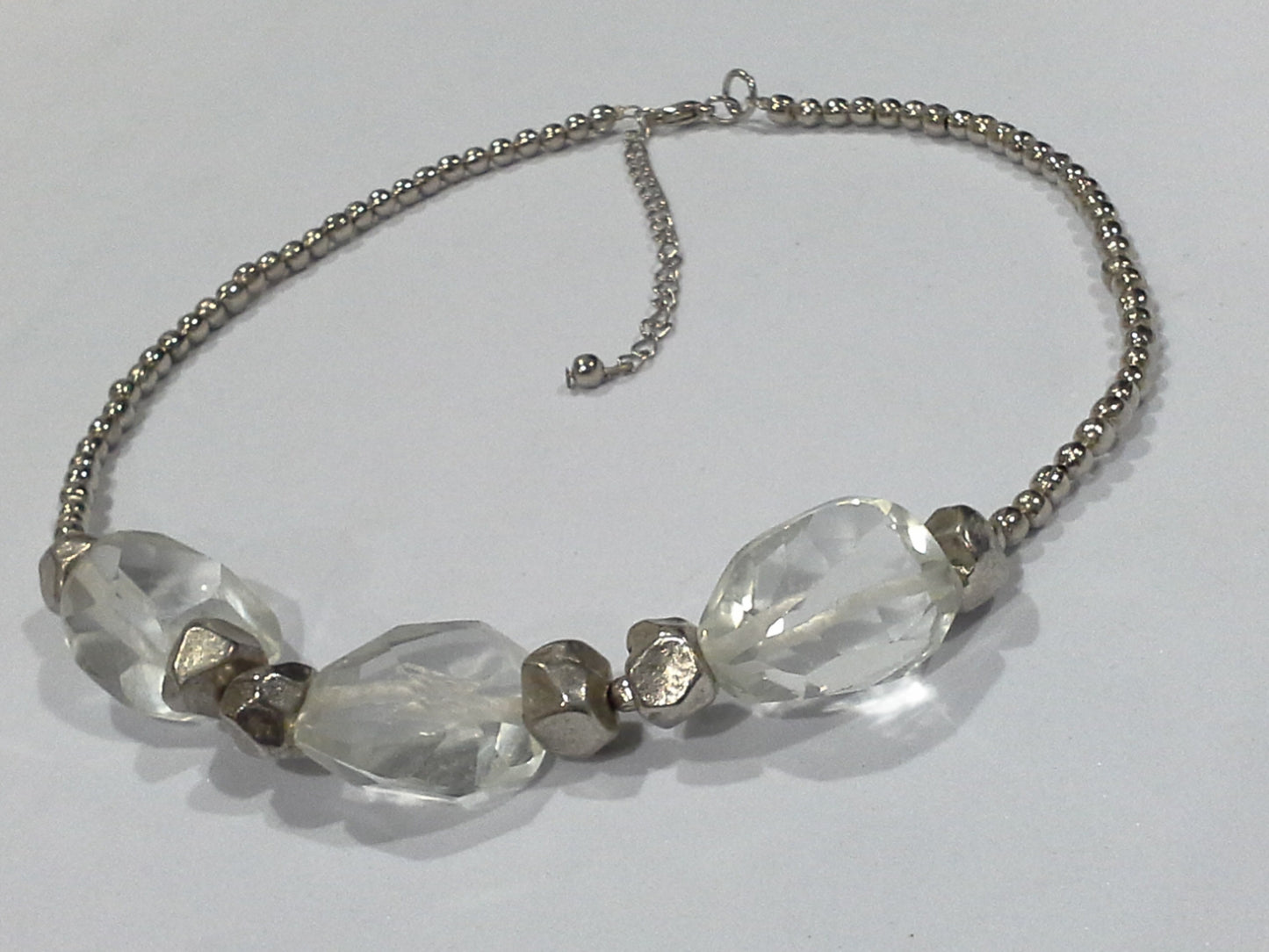 Clear Rock Crystal Glass & Silver Metal Bead Collar Necklace