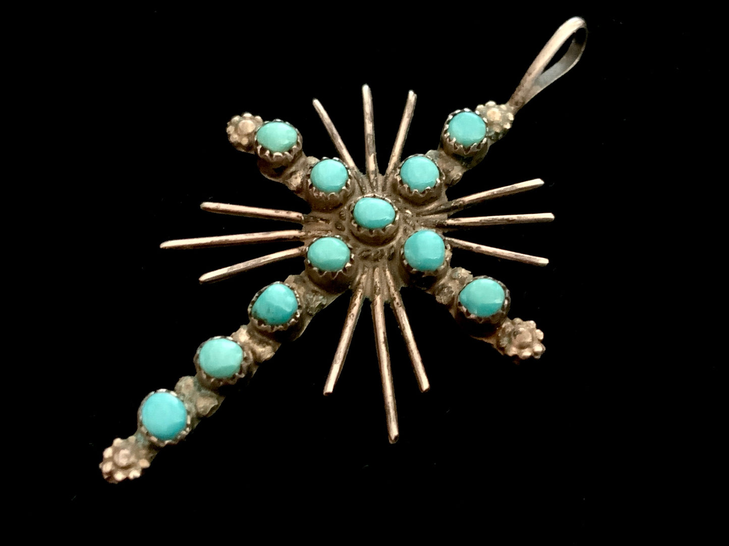 Large Vintage Zuni Cross Pendant Tribal Turquoise & Silver