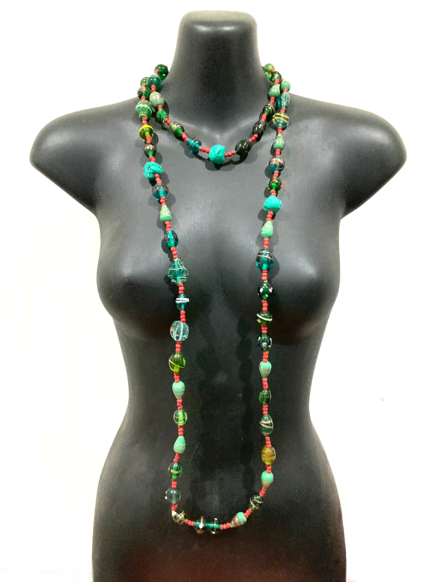 Vintage Art Glass & Turquoise Bead 180cm Long Necklace