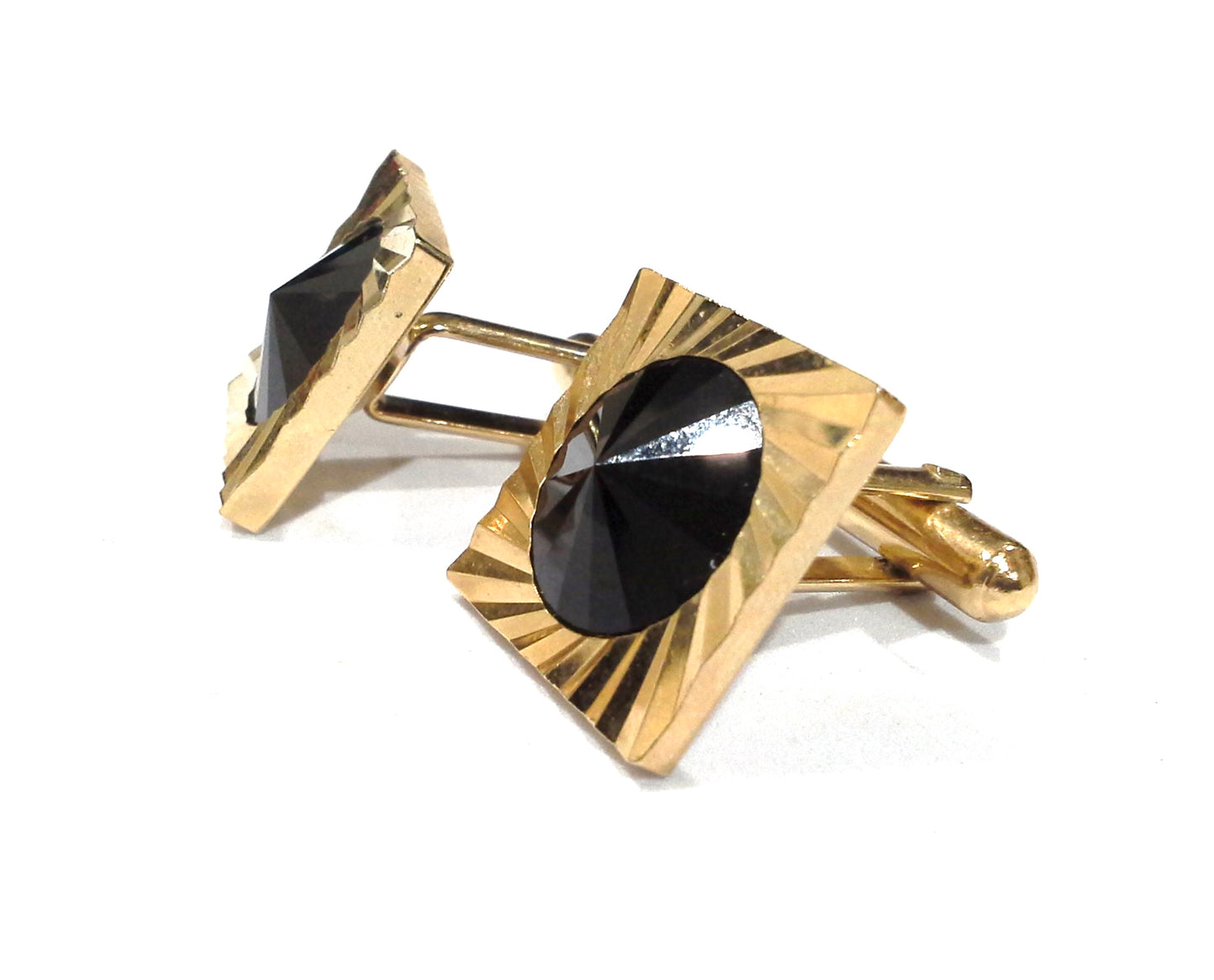 BLACK RIVOLI CRYSTAL GOLD TONE STARBURST SUNBURST MOD CUFFLINKS