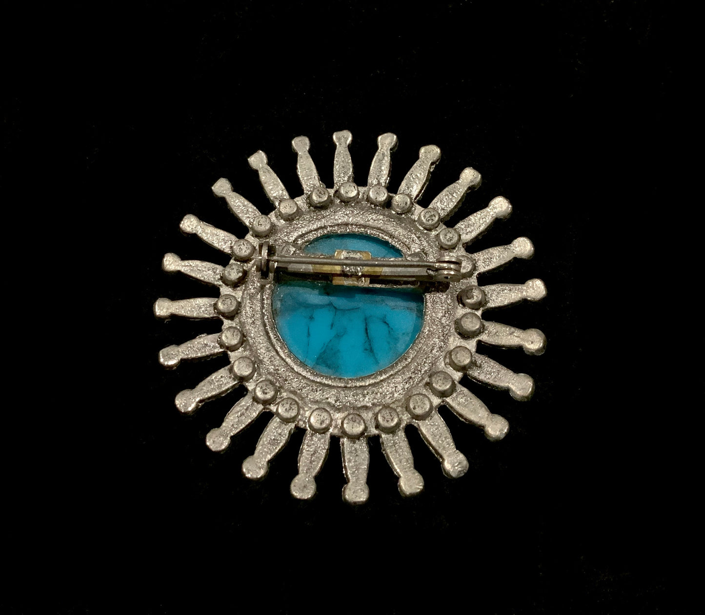 Vintage Large Costume Tribal Zuni Style Silver & Turquoise Pinwheel Brooch Pin