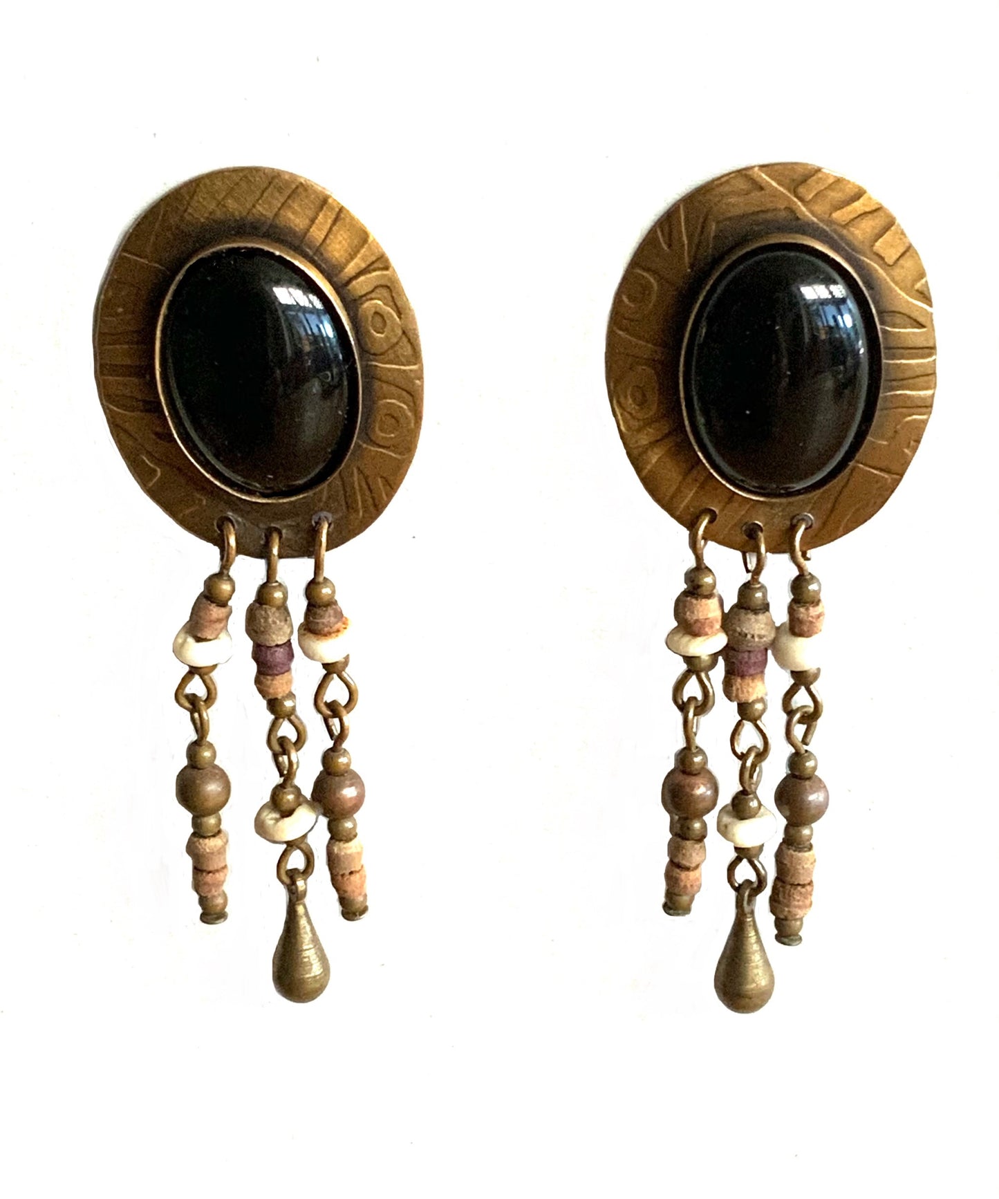 Large Vintage Tribal Black Onyx Cabochon Bronze Dangle Earrings