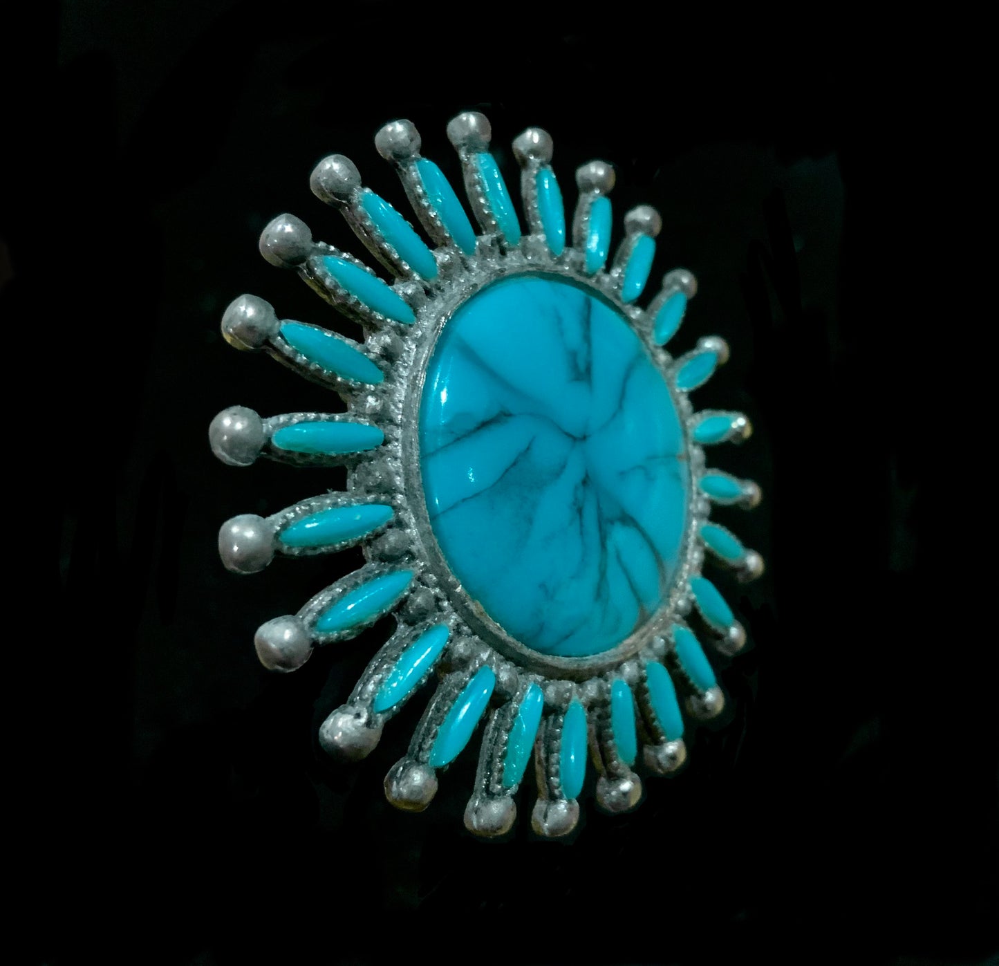 Vintage Large Costume Tribal Zuni Style Silver & Turquoise Pinwheel Brooch Pin