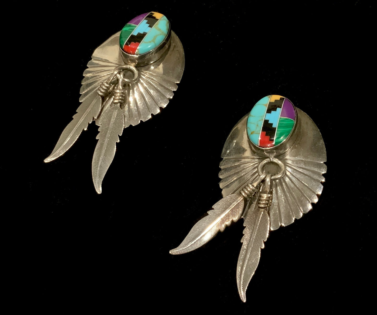 Feather Clip On Earrings Yazzie Navajo 925 Sterling Silver Turquoise Inlay
