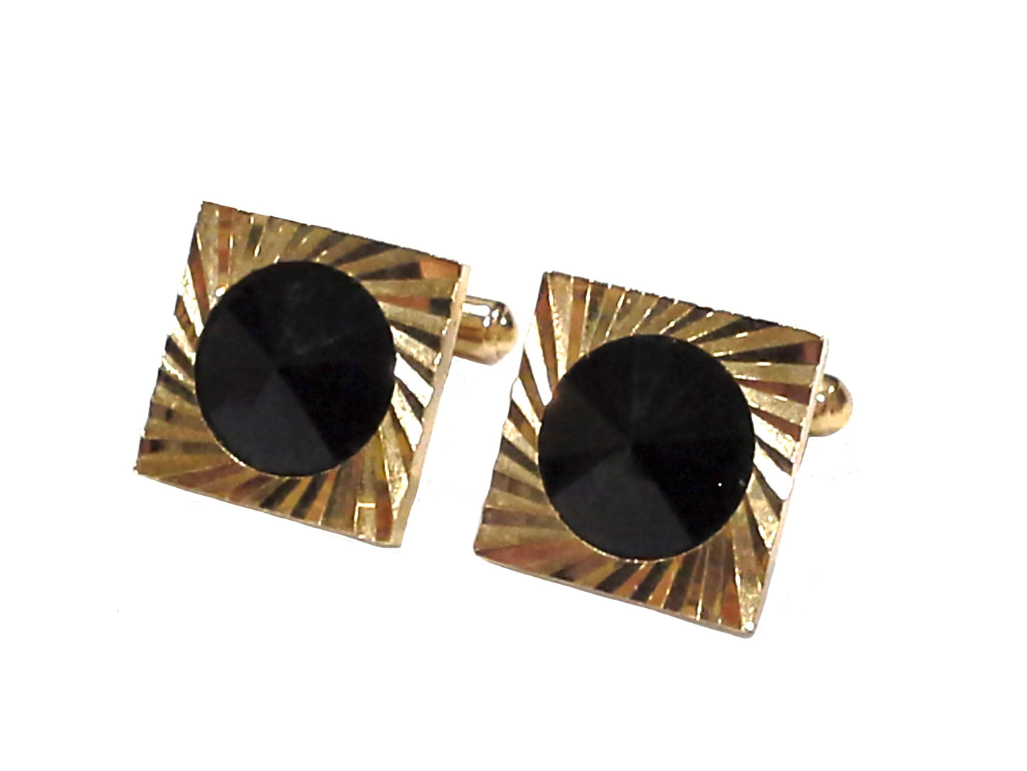BLACK RIVOLI CRYSTAL GOLD TONE STARBURST SUNBURST MOD CUFFLINKS