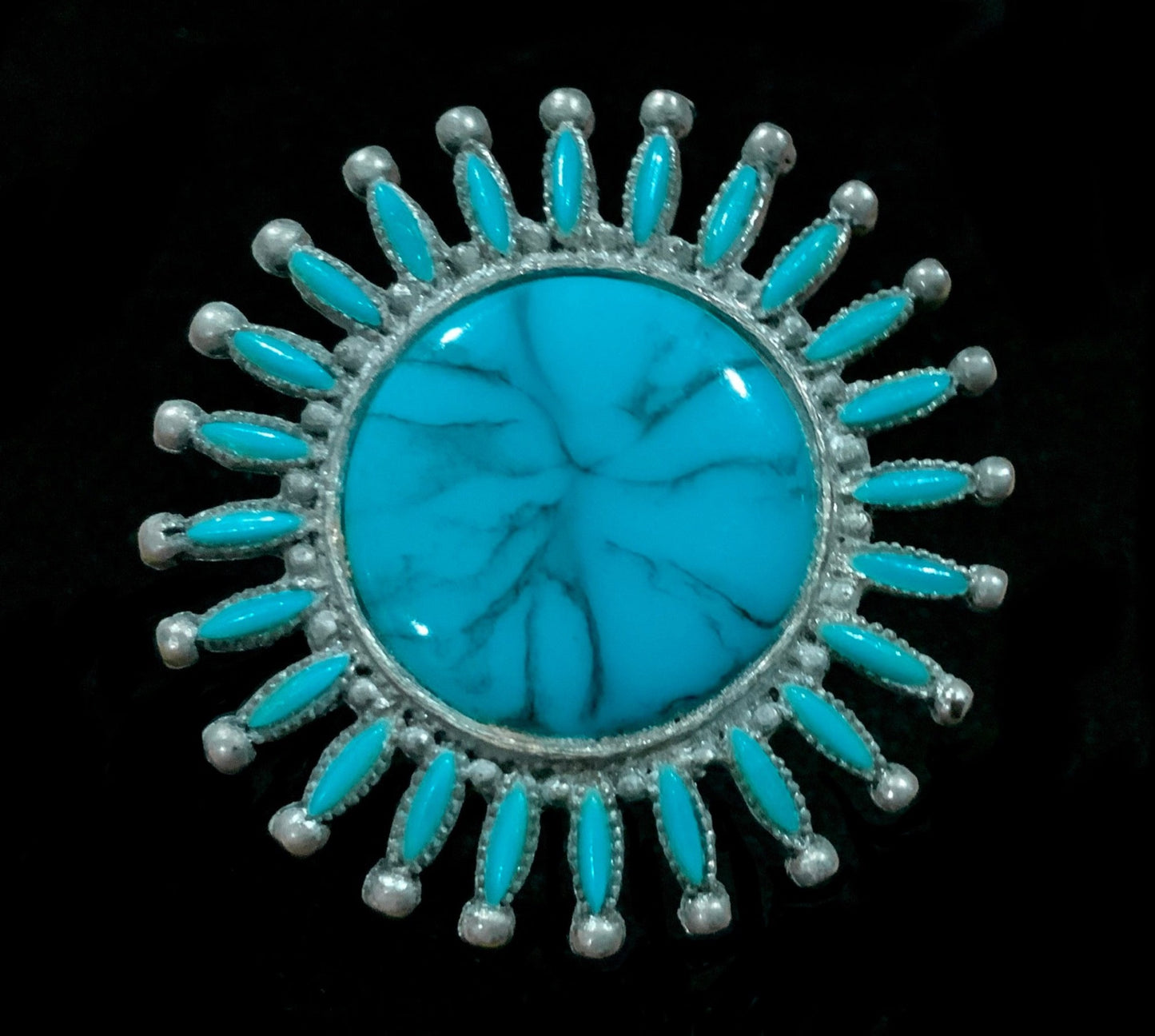Vintage Large Costume Tribal Zuni Style Silver & Turquoise Pinwheel Brooch Pin