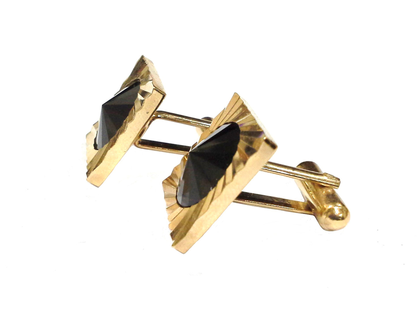 BLACK RIVOLI CRYSTAL GOLD TONE STARBURST SUNBURST MOD CUFFLINKS