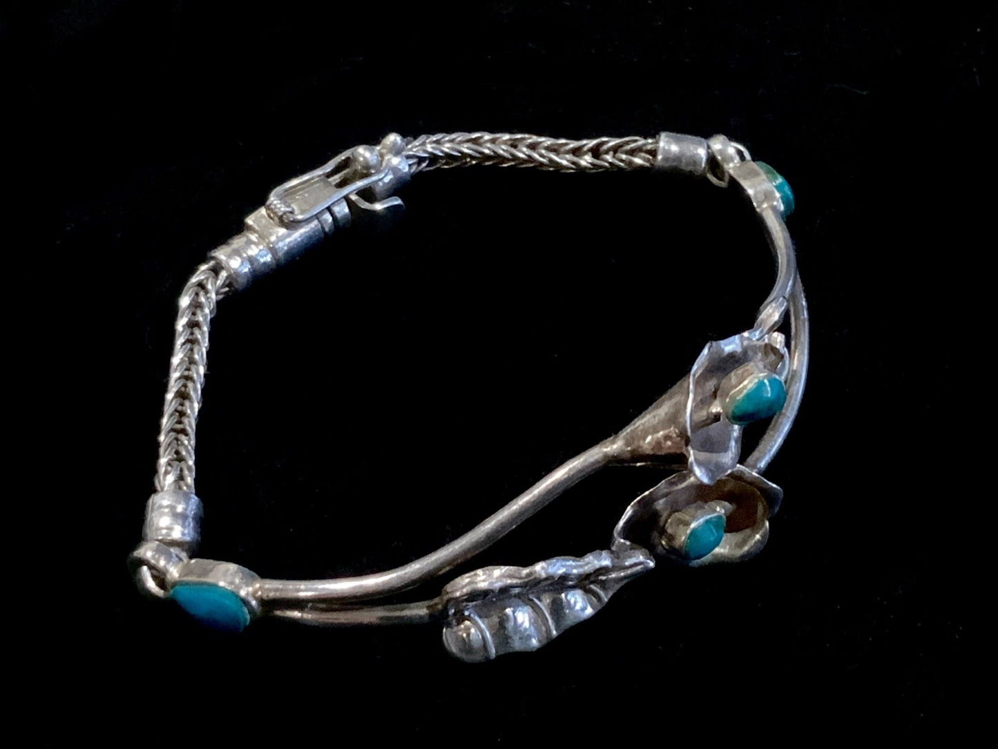 Vintage Turquoise & 950 Sterling Silver Lily Bracelet 17cm Tribal Signed