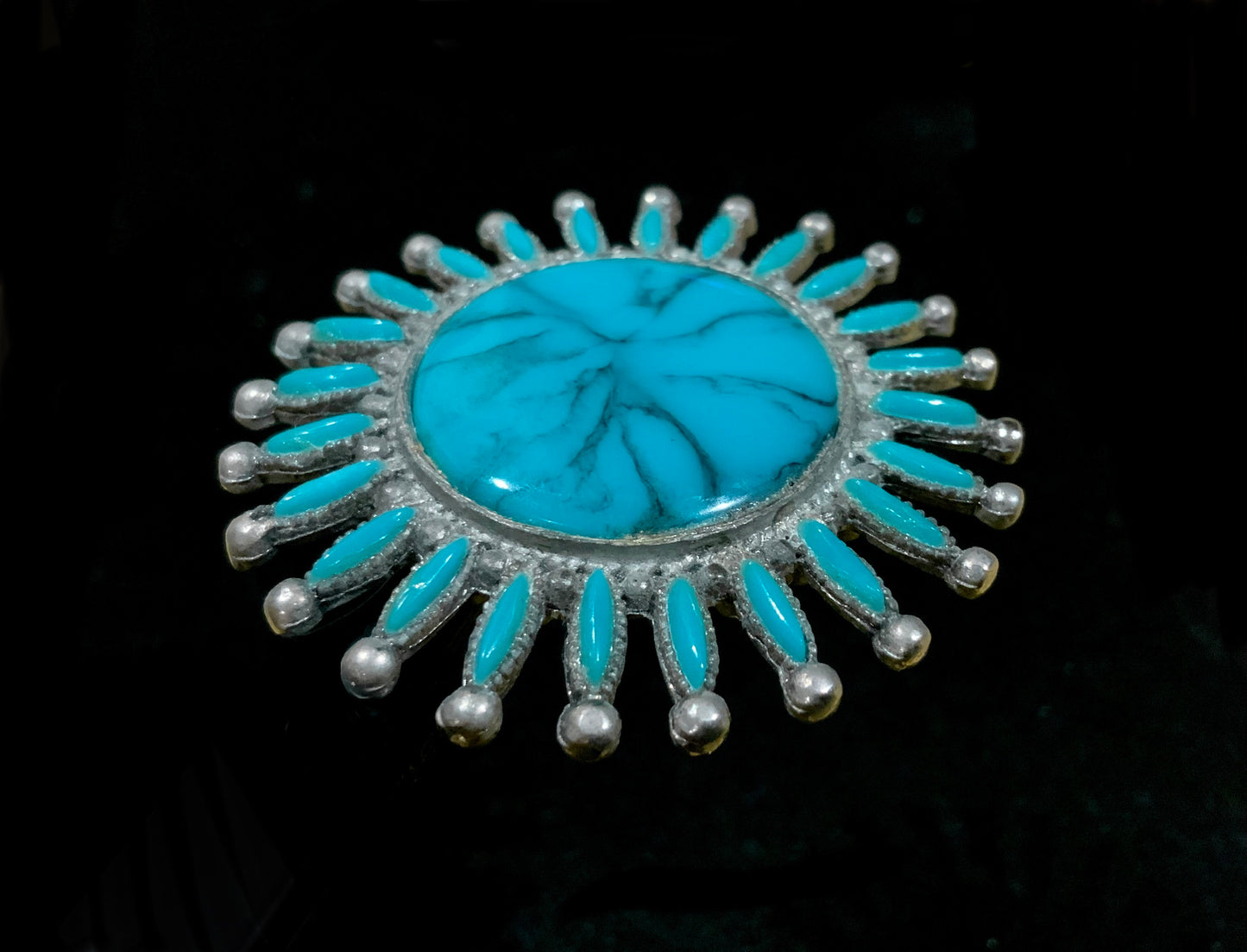 Vintage Large Costume Tribal Zuni Style Silver & Turquoise Pinwheel Brooch Pin