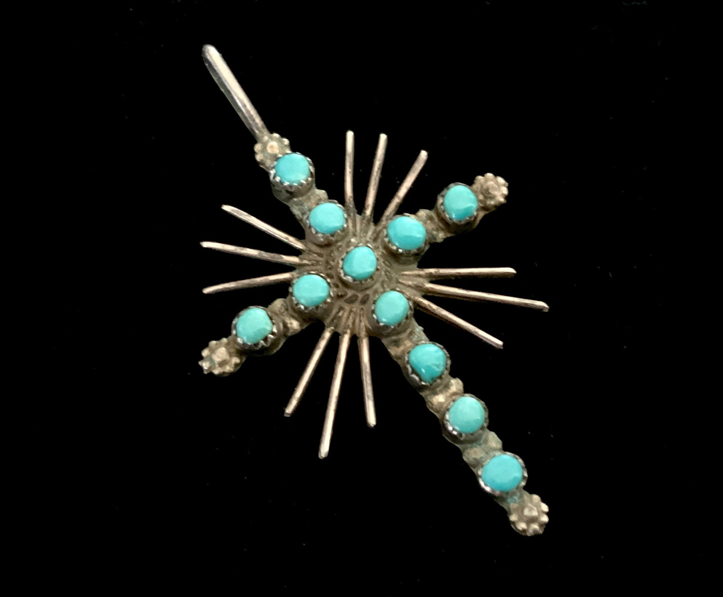 Large Vintage Zuni Cross Pendant Tribal Turquoise & Silver