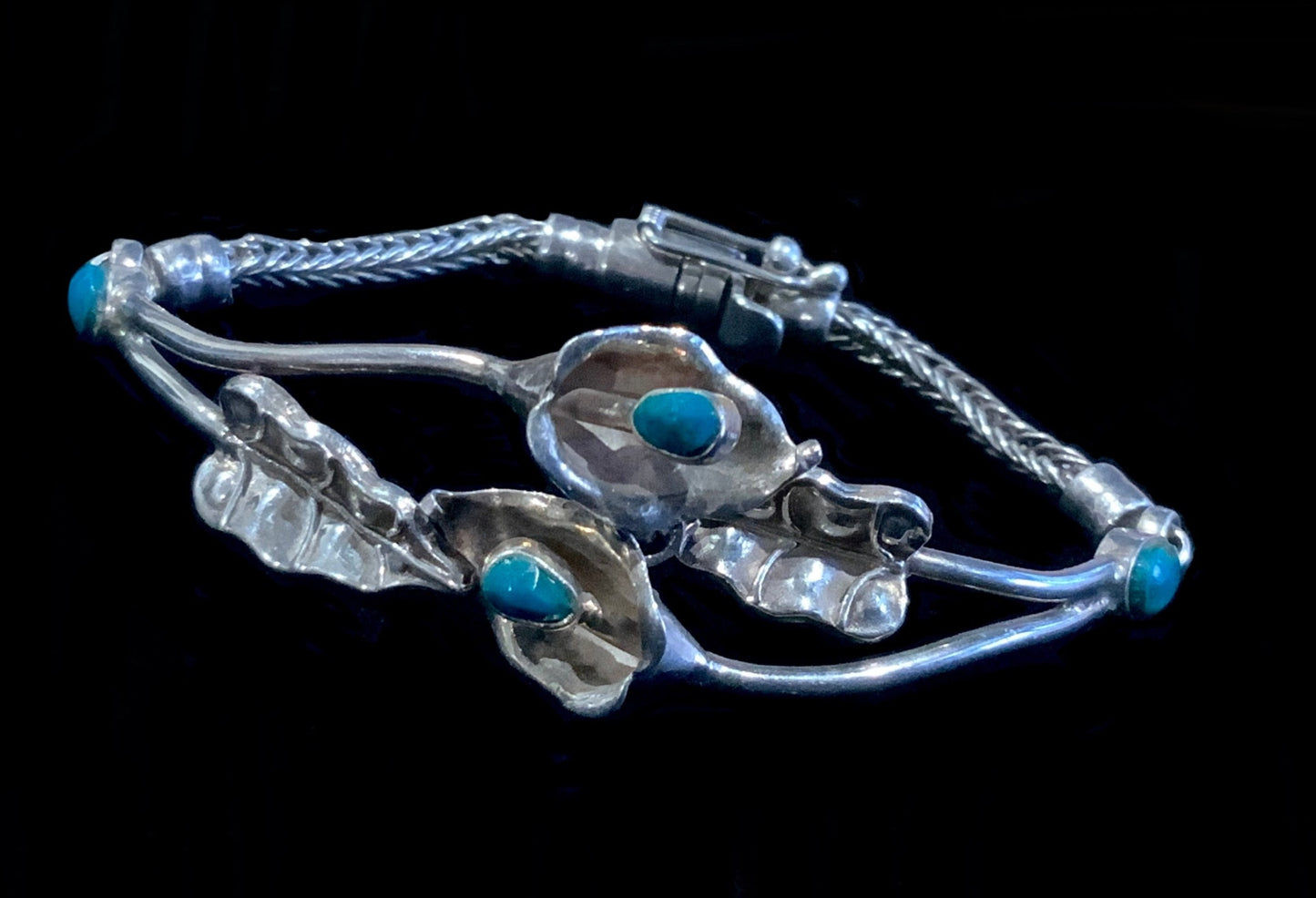 Vintage Turquoise & 950 Sterling Silver Lily Bracelet 17cm Tribal Signed