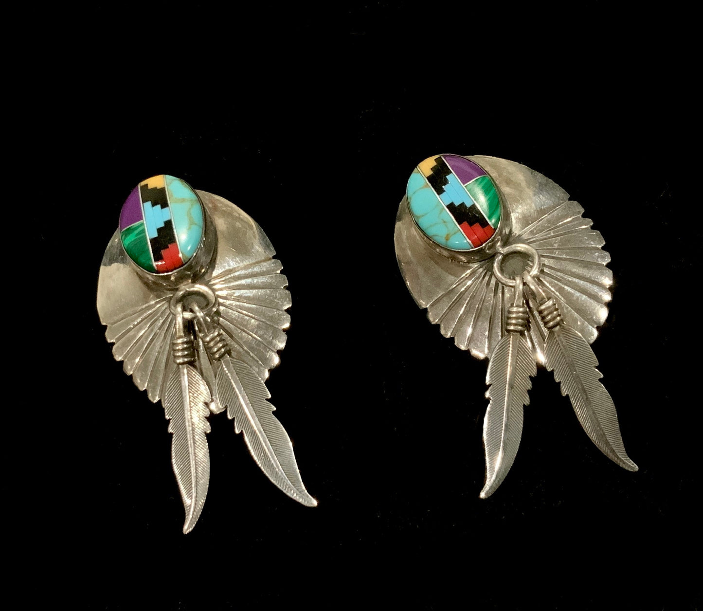 Feather Clip On Earrings Yazzie Navajo 925 Sterling Silver Turquoise Inlay