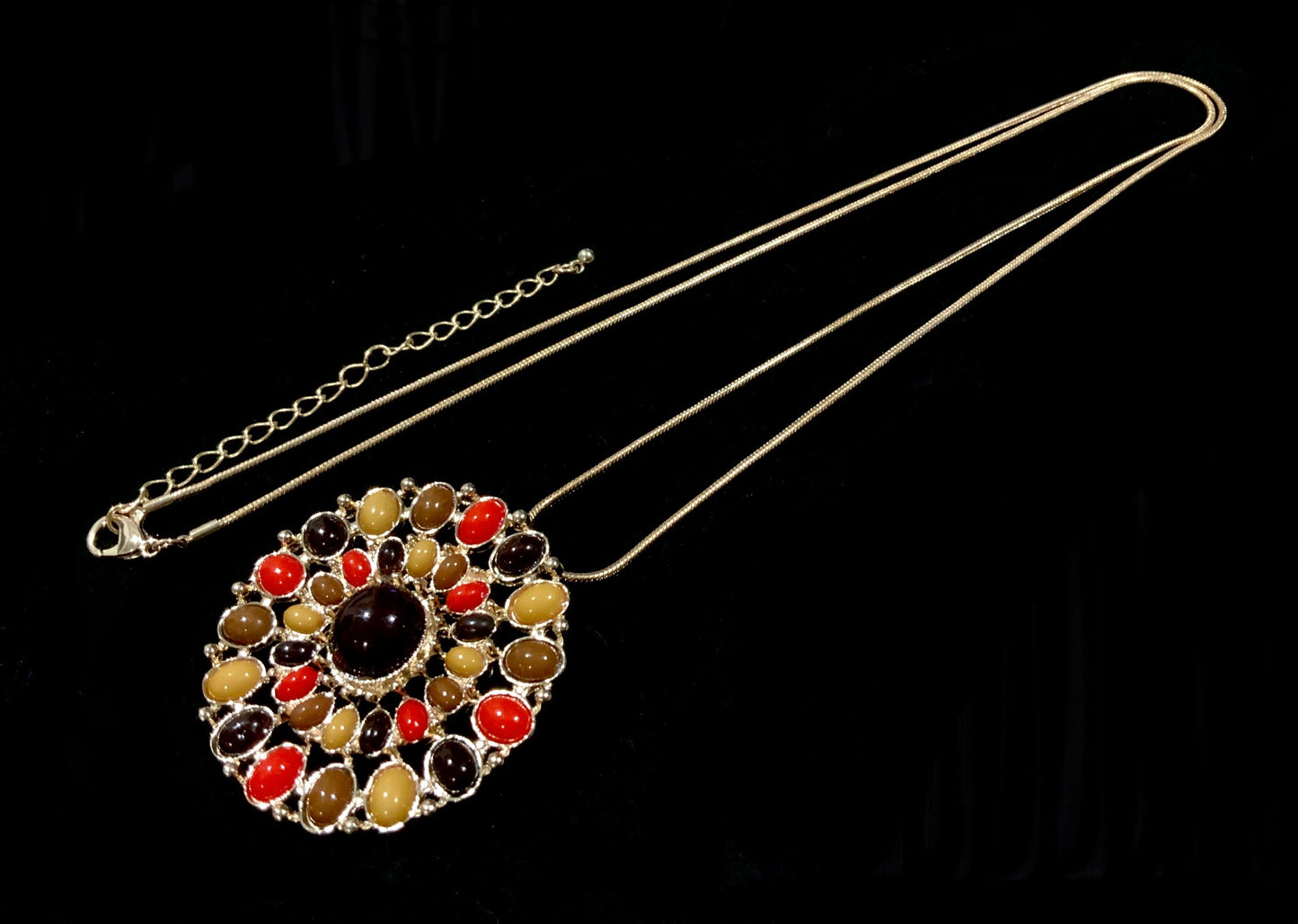 Large Whimsical Orange & Brown Retro Pendant Gold Tone Necklace