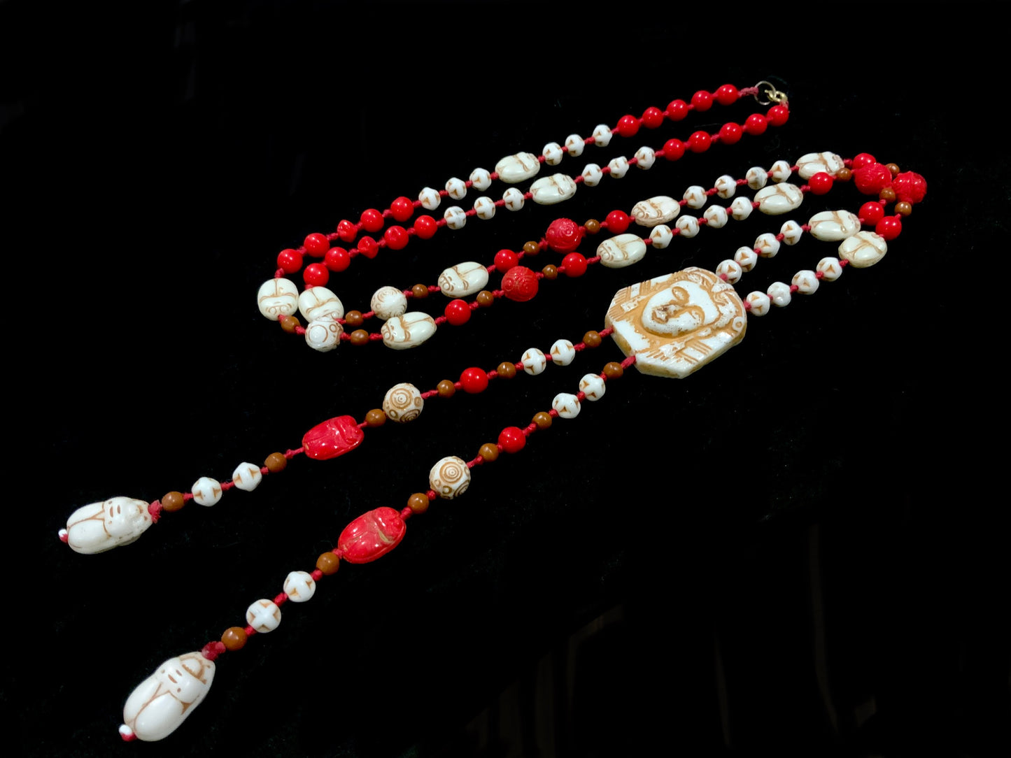 Max Neiger Scarab Sphinx Red & White Uranium Glass Bead Necklace