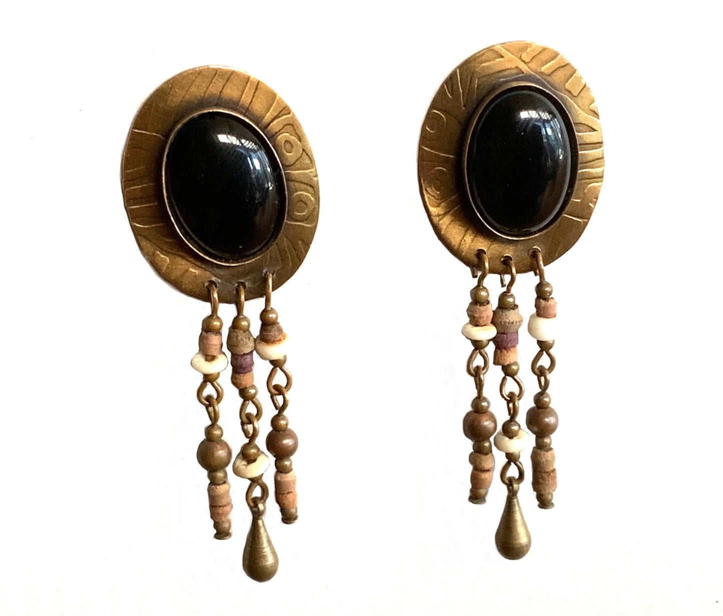 Large Vintage Tribal Black Onyx Cabochon Bronze Dangle Earrings