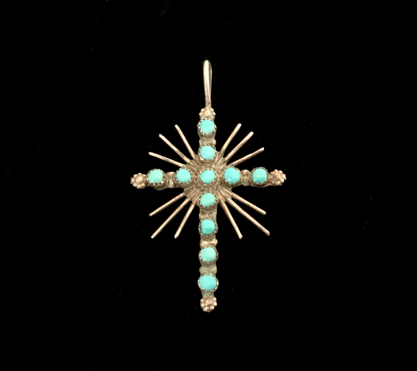 Large Vintage Zuni Cross Pendant Tribal Turquoise & Silver