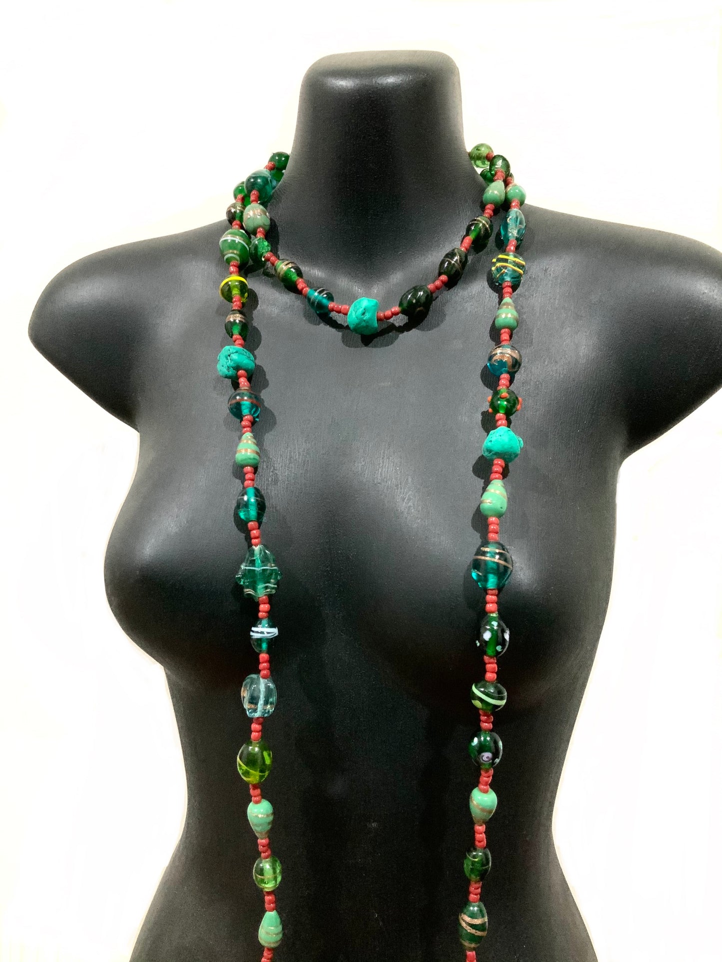 Vintage Art Glass & Turquoise Bead 180cm Long Necklace