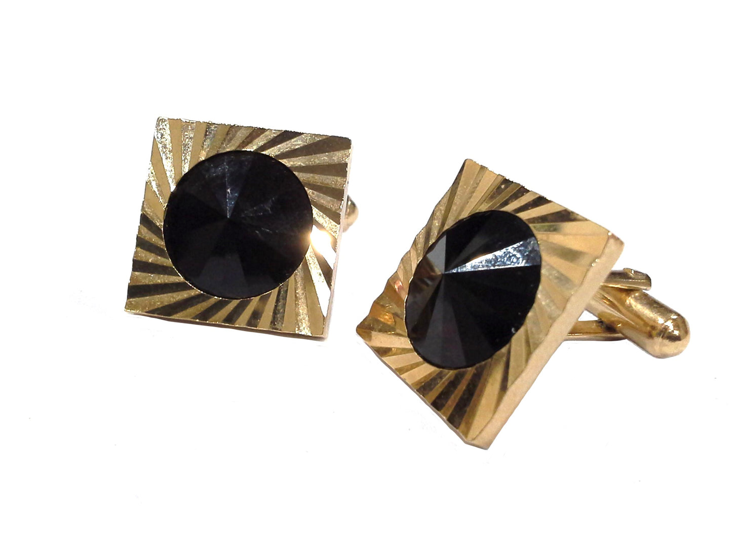 BLACK RIVOLI CRYSTAL GOLD TONE STARBURST SUNBURST MOD CUFFLINKS