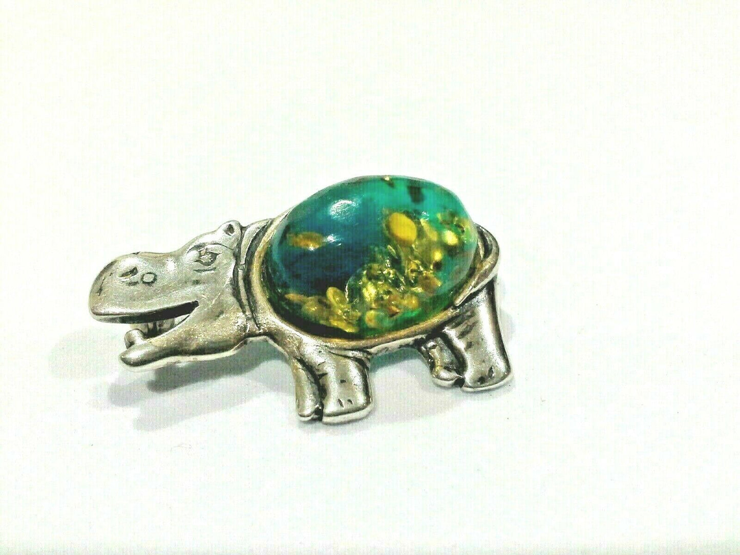 Sterling Silver 925 Natural Blue Green Amber Hippo Brooch