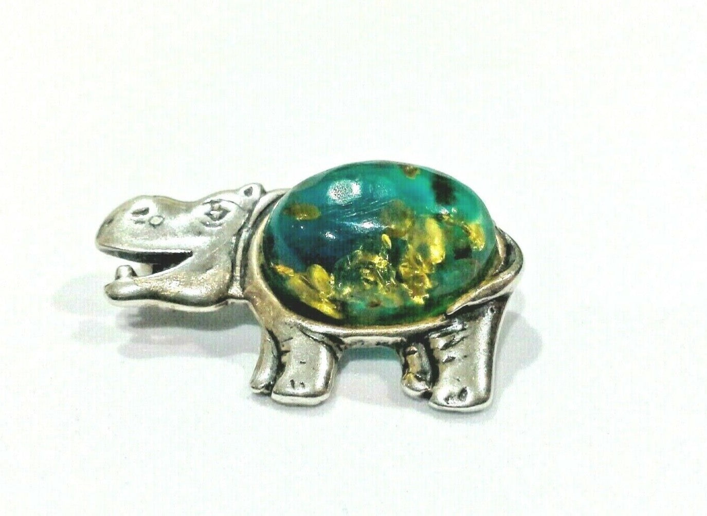 Sterling Silver 925 Natural Blue Green Amber Hippo Brooch
