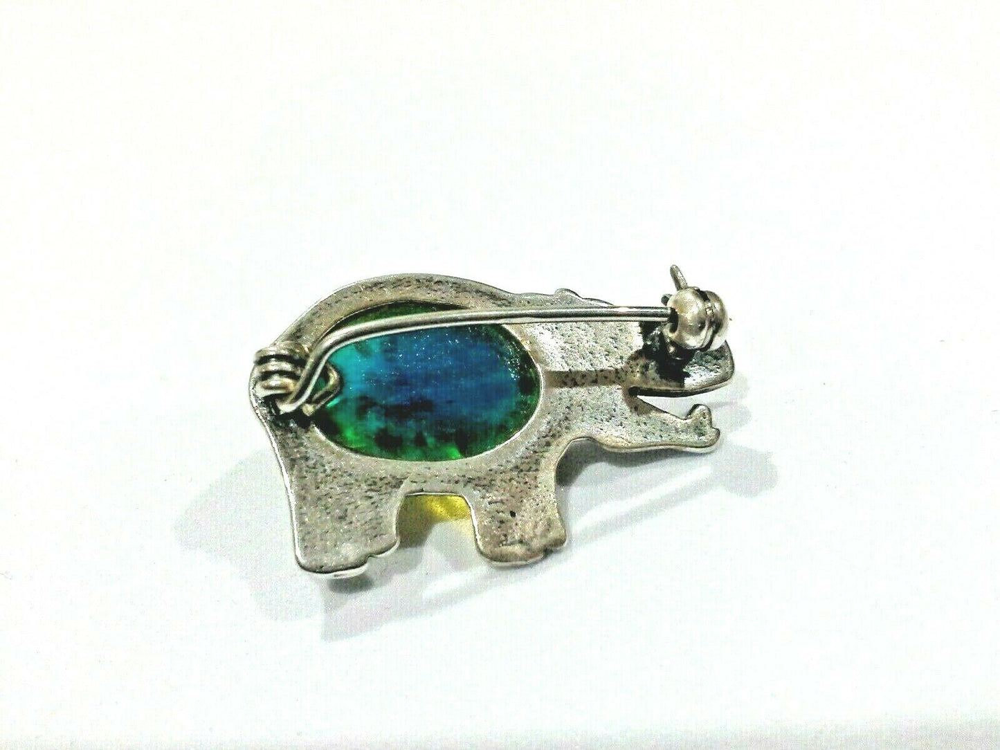 Sterling Silver 925 Natural Blue Green Amber Hippo Brooch