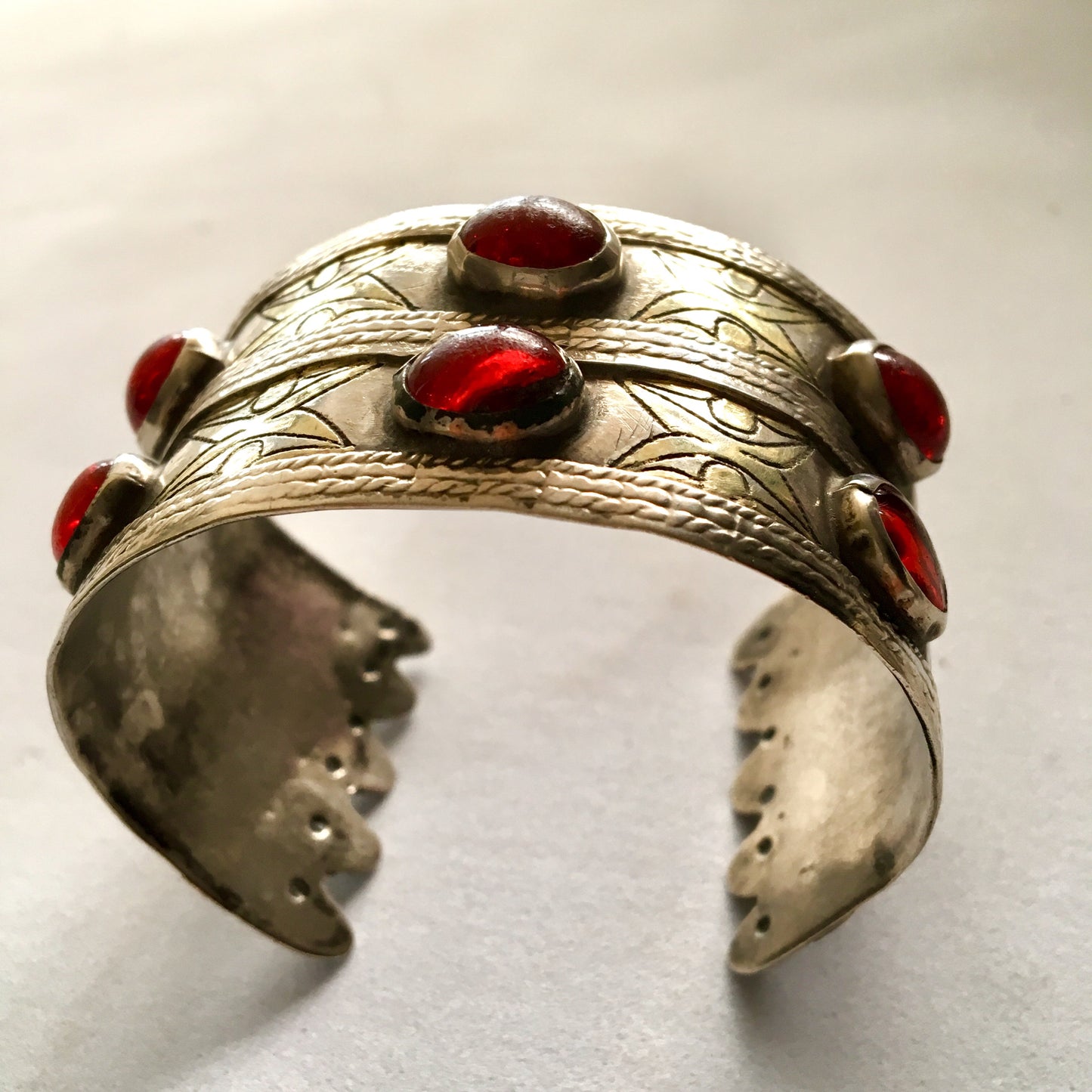 Vintage Turkman Silver & Red Glass Bead Cuff Bracelet