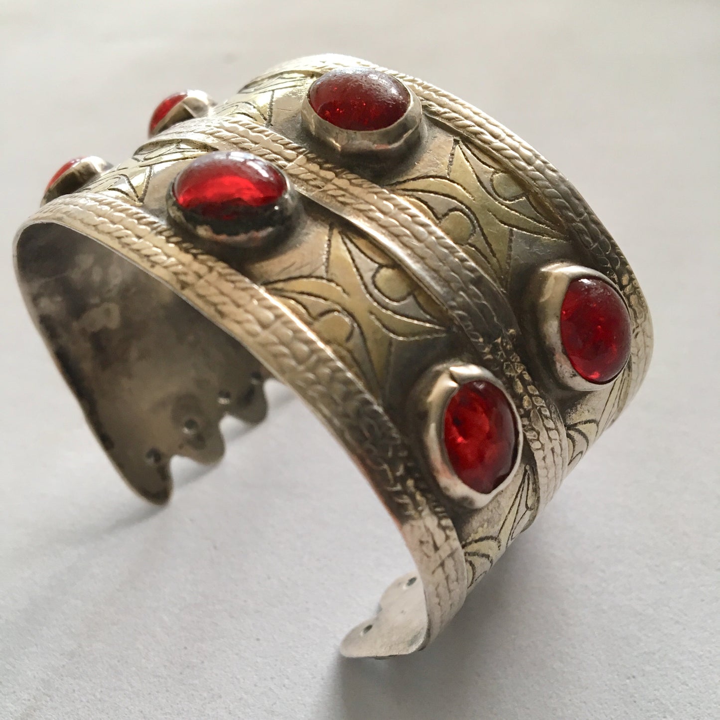 Vintage Turkman Silver & Red Glass Bead Cuff Bracelet