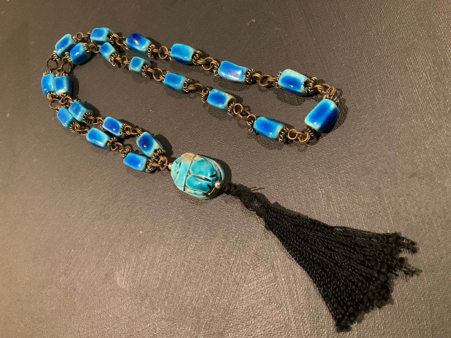 Antique Egyptian Blue Faïence Scarab Beetle Mixed Metal Bead Necklace