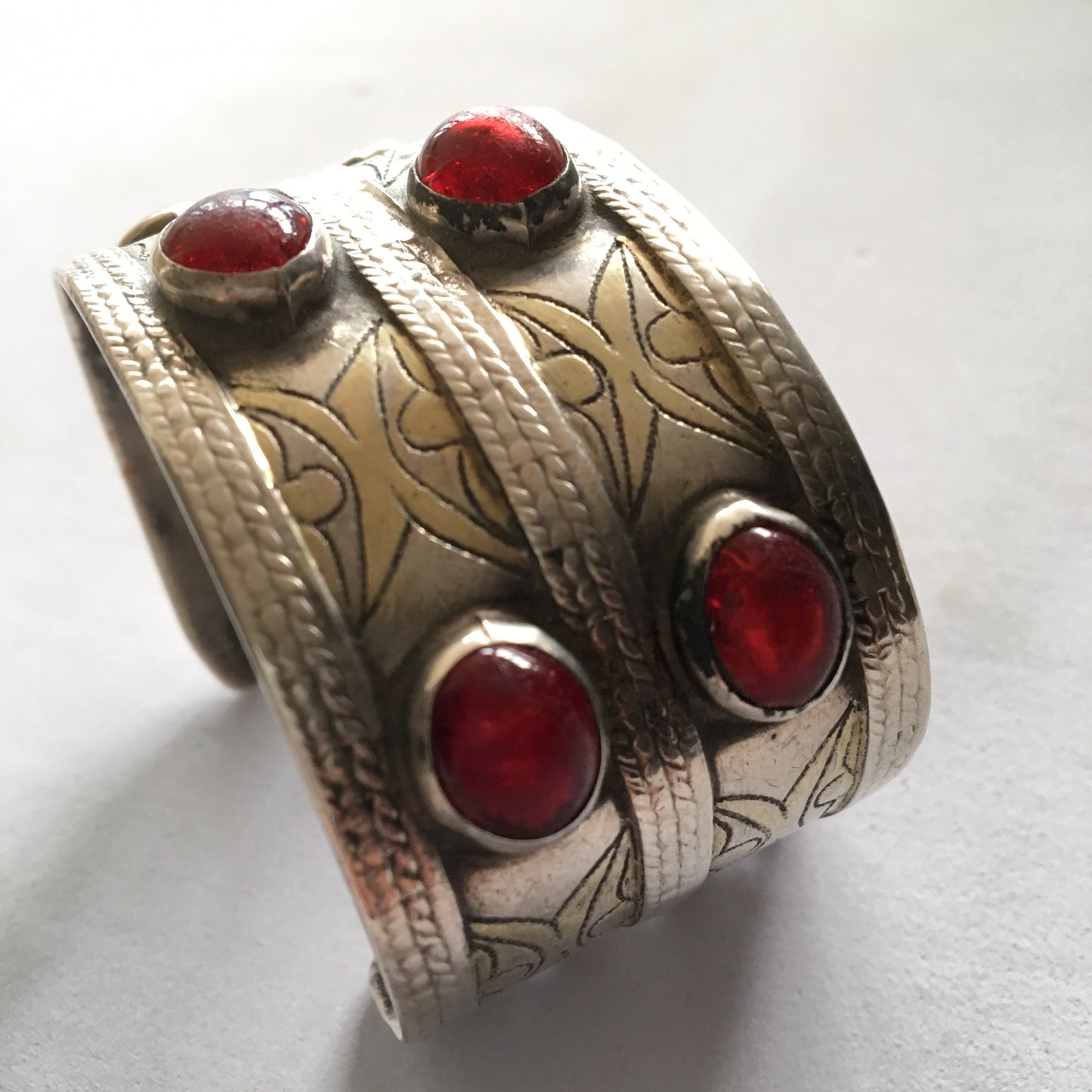 Vintage Turkman Silver & Red Glass Bead Cuff Bracelet