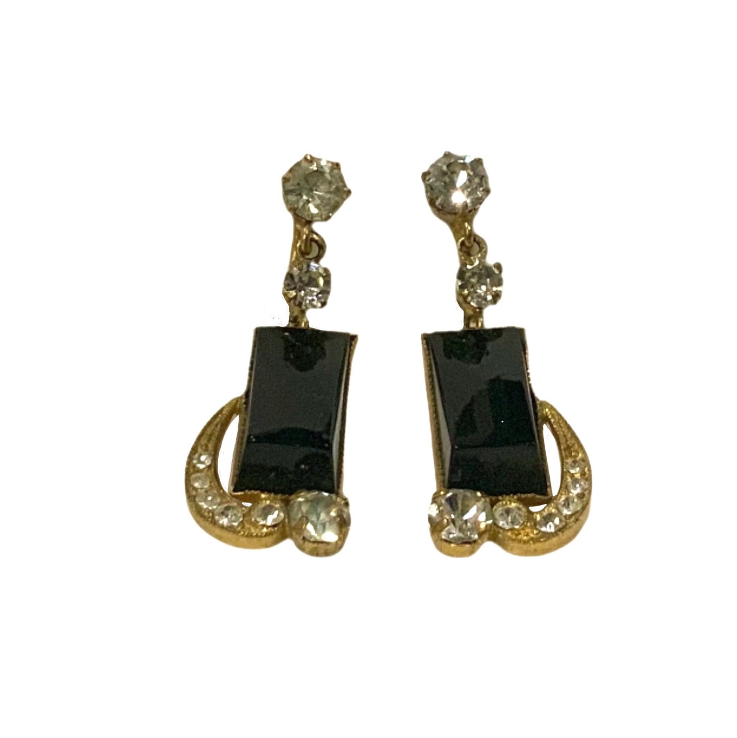 Art Deco Gold Tone & Black Glass Earrings