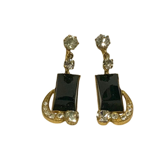 Art Deco Gold & Black Glass Dangle Earrings