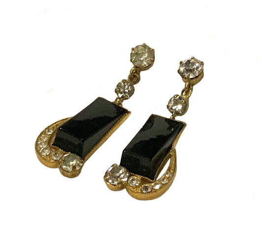 Art Deco Gold Tone & Black Glass Earrings