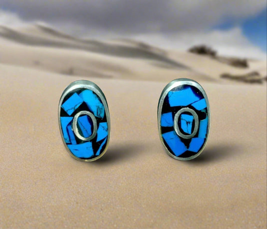 Vintage Taxco Mexico Sterling Silver 925 & Turquoise Inlay Clip On Earrings