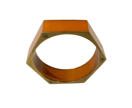 Golden Brass Orange Resin Hexagonal Bangle Bracelet