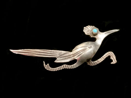 Vintage Turquoise & Sterling Silver 925 Road Runner Brooch Pin