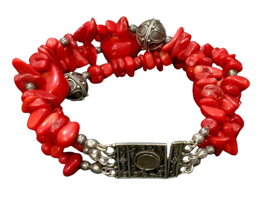 Vintage 835 Solid Silver Triple Strand Red Coral Bracelet 19cm