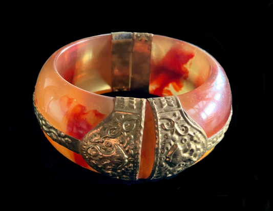 Antique Amber Bakelite & Brass Bangle Bracelet