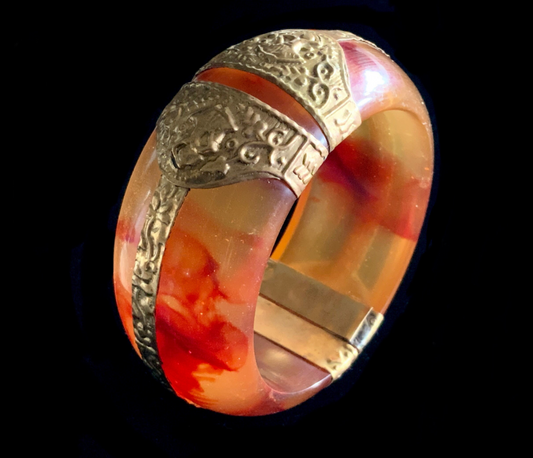 Antique Amber Bakelite & Brass Bangle Bracelet