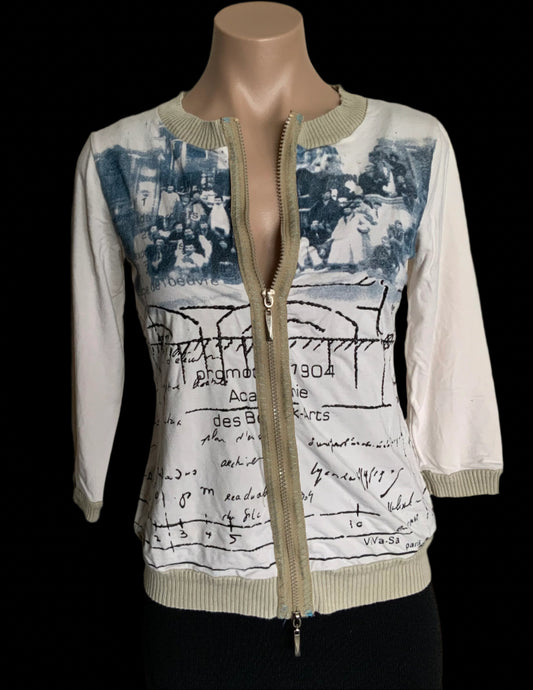 VIVA-SA Printed White 3/4 Sleeve Zip Up Top Size M Vintage Y2K