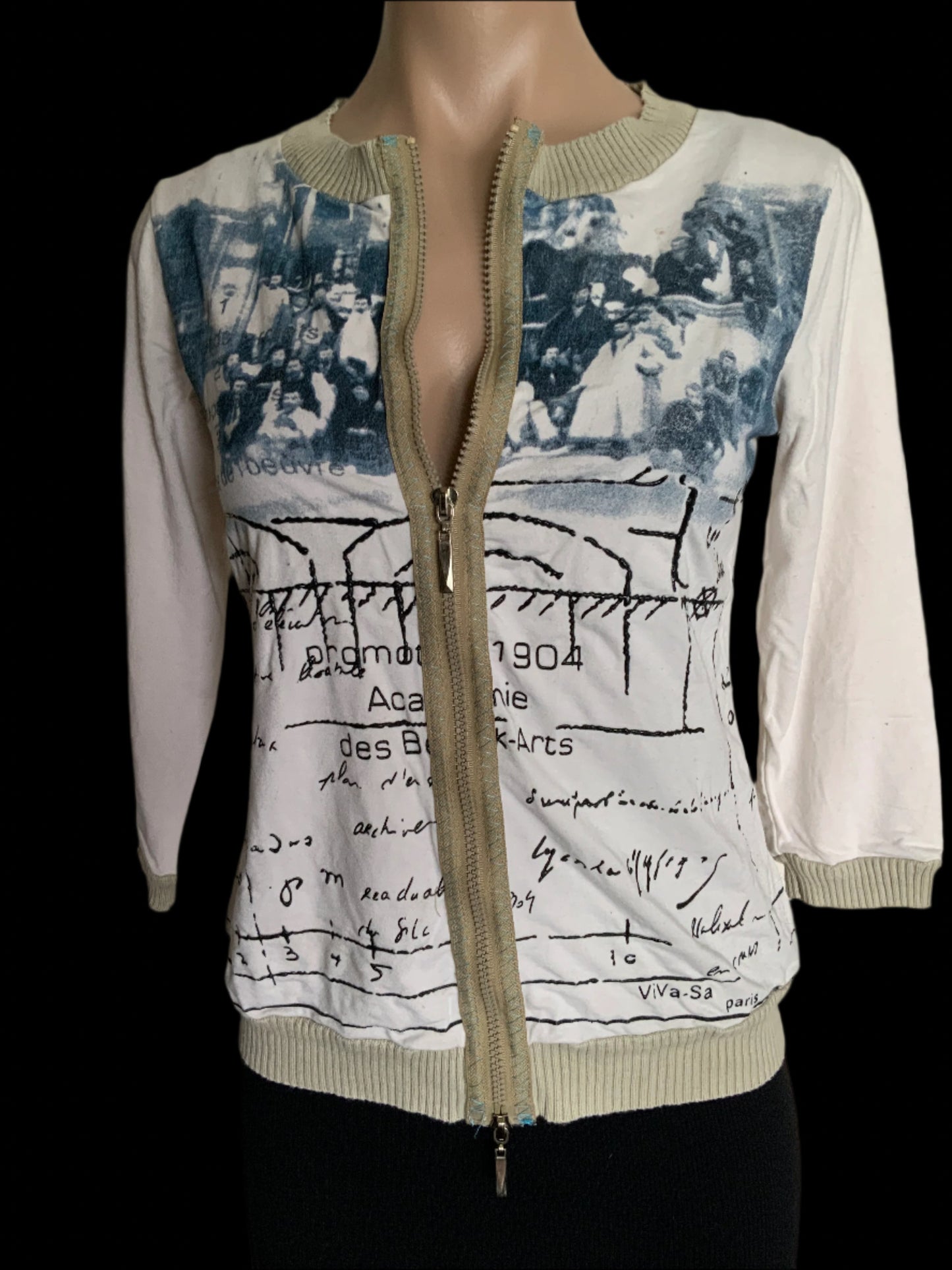 VIVA-SA Printed White 3/4 Sleeve Zip Up Top Size M Vintage Y2K