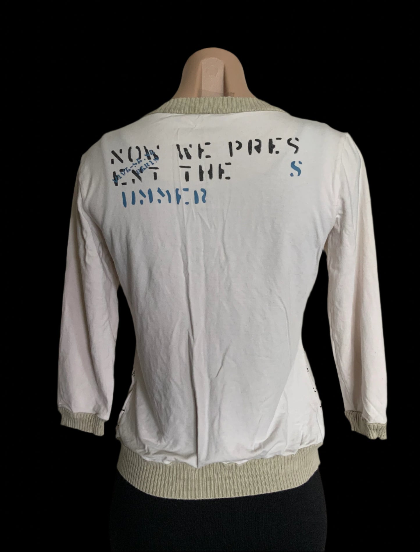VIVA-SA Printed White 3/4 Sleeve Zip Up Top Size M Vintage Y2K