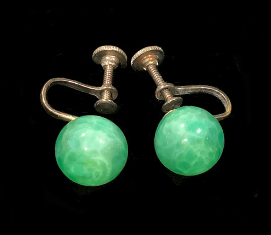 Art Deco Green Peking Glass UG Ball Silver Screw Back Earrings
