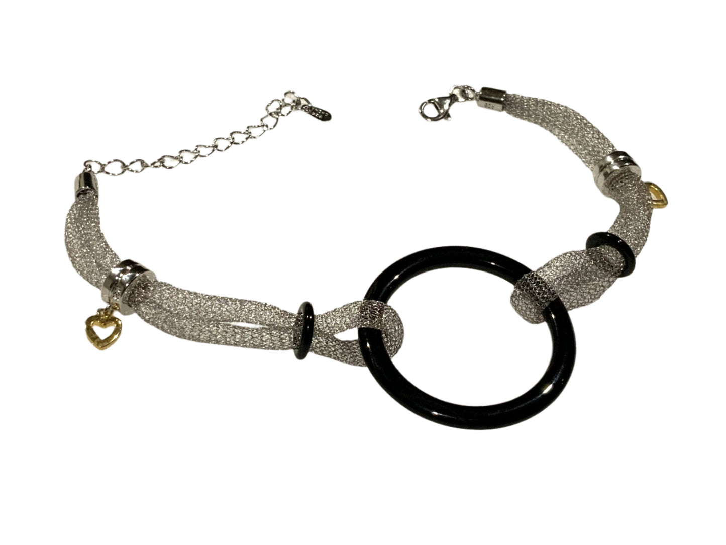 Black Ceramic Hoop Heart Charm Sterling Silver Mesh Bracelet 20cm